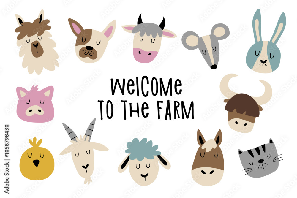 Obraz premium Cute farm animals set. Faces of farm animals. Sheep, goat, horse, cow and others.