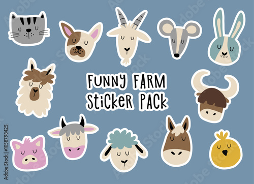 Funny farm animals sticker pack. Hand drawn animal faces including cow, pig and sheep. Colorful stickers for your diary, postcards and posters.