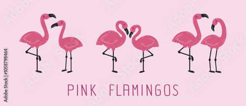Pink Flamingos Collection. Lovebirds set. Exotic pink flamingo bird.