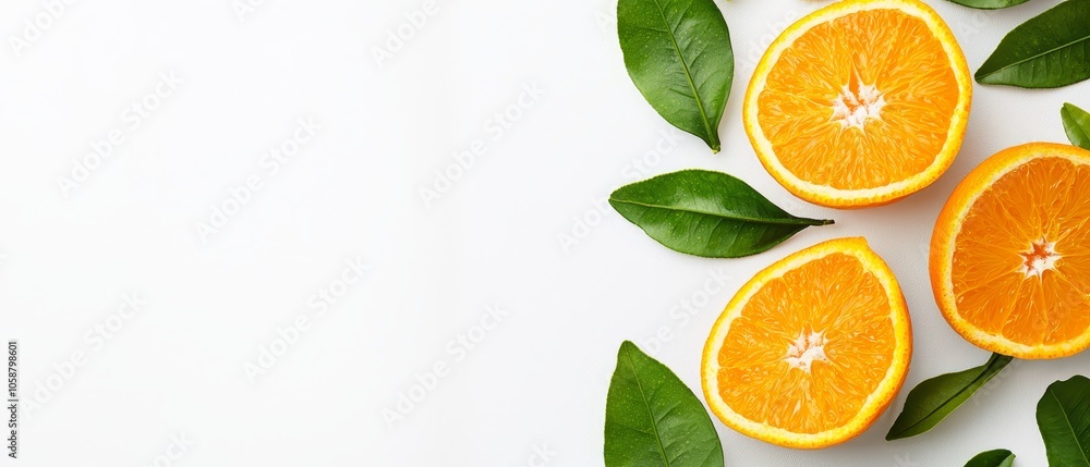 A collection of halved oranges surrounded by leaves against a pristine white backdrop, with a designated text area A collection of halved oranges surrounded by leaves against a pristine white backdrop, with a designated text area