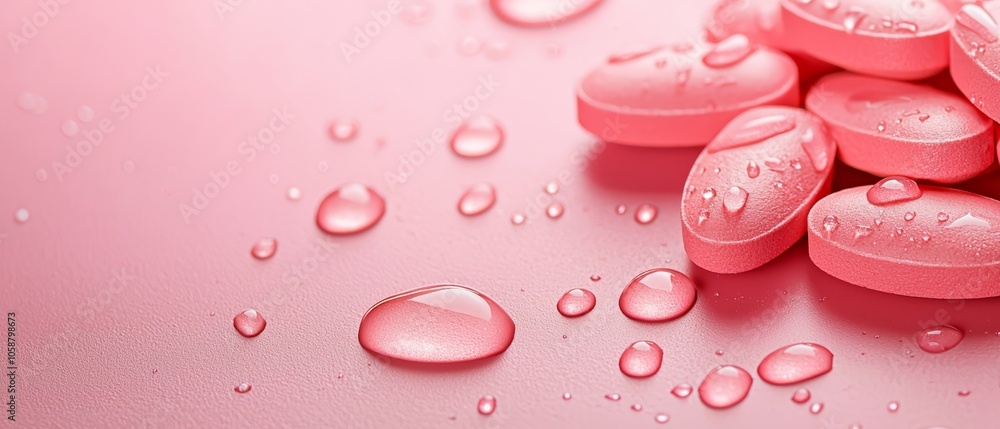 A heap of pink pills on a pink tabletop, dripping with water atop them A heap of pink pills on a pink tabletop, dripping with water atop them