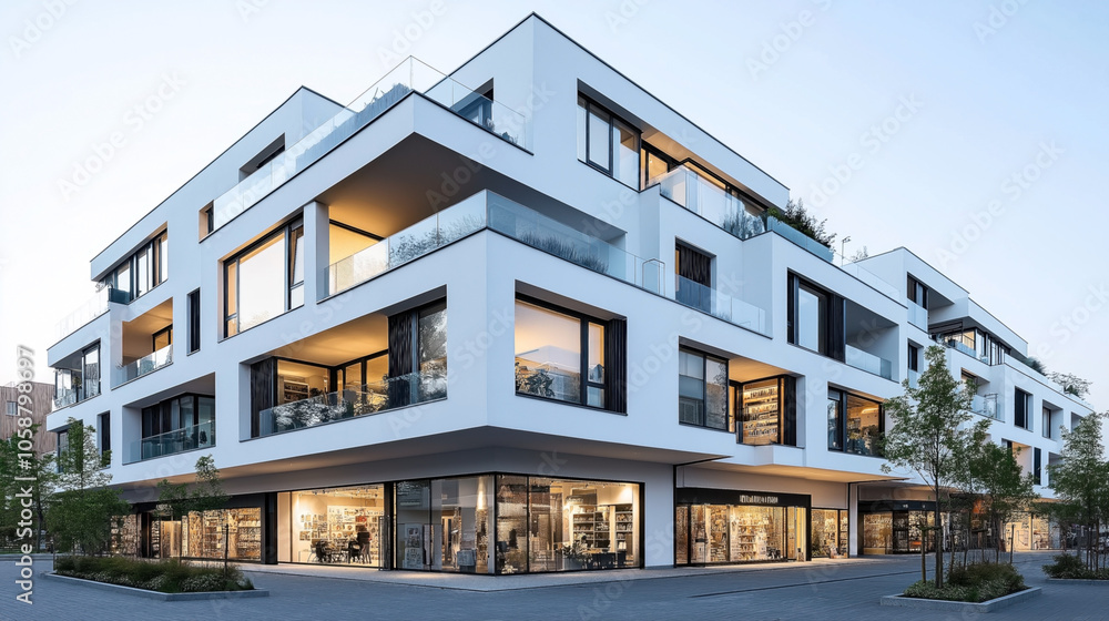 Modern multi-story building with large windows and glass balconies, featuring a ground floor with commercial spaces and surrounded by trees, under a clear sky. Modern multi-story building with large windows and glass balconies, featuring a ground floor with commercial spaces and surrounded by trees, under a clear sky.