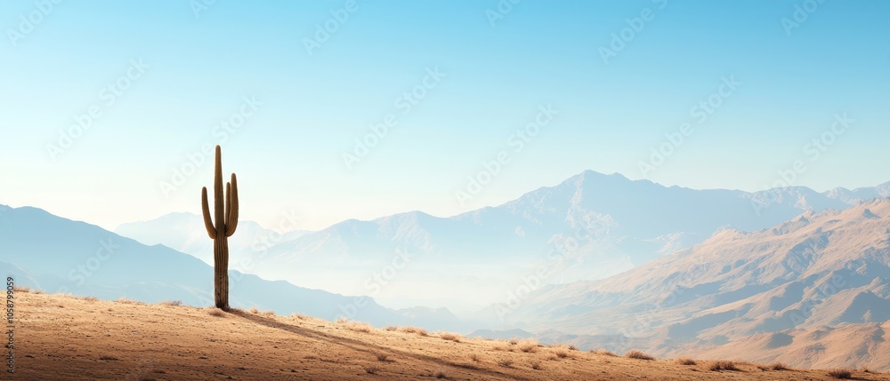 Obraz premium A tall cactus atop a dirt mound faces a looming mountain, shrouded in fog and smog