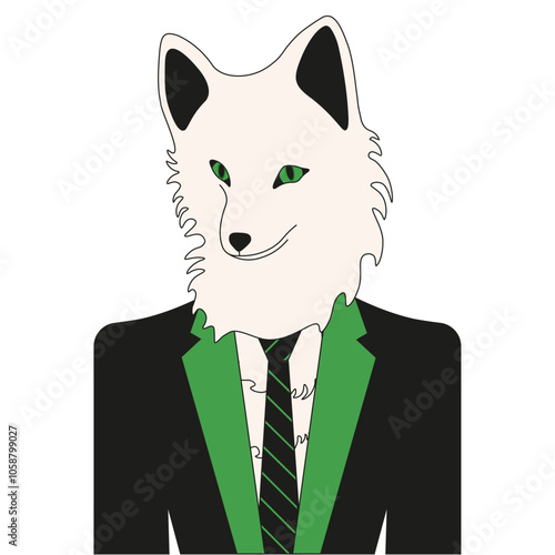 Arctic fox Therianthropes people. Wolf in suit. Trendy 2024 youth subculture concept. Vector illustration.