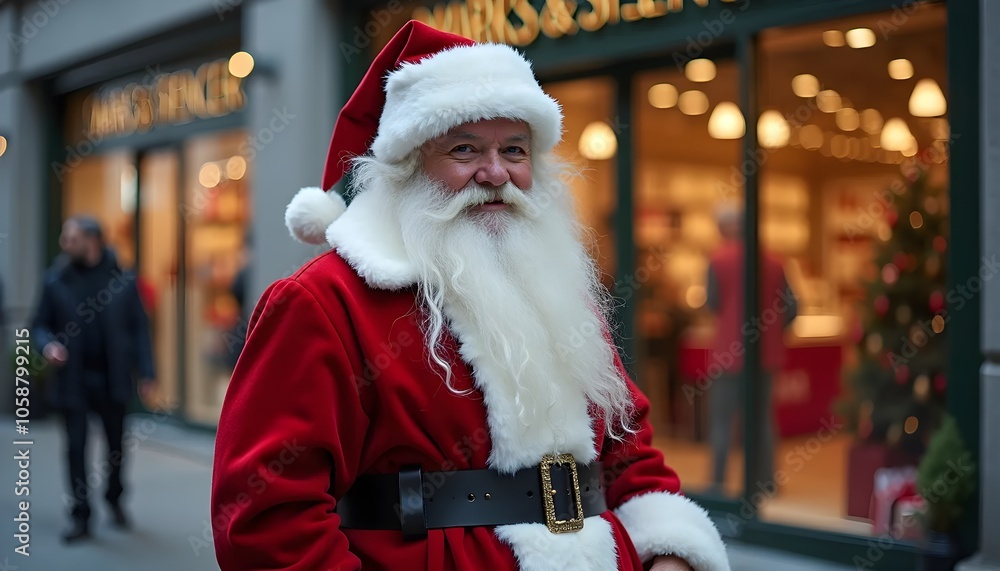 A jolly Santa Claus in a red suit, with a lush white beard and hat, stands on a busy city street, capturing the holiday spirit around the shops and lights. A jolly Santa Claus in a red suit, with a lush white beard and hat, stands on a busy city street, capturing the holiday spirit around the shops and lights.