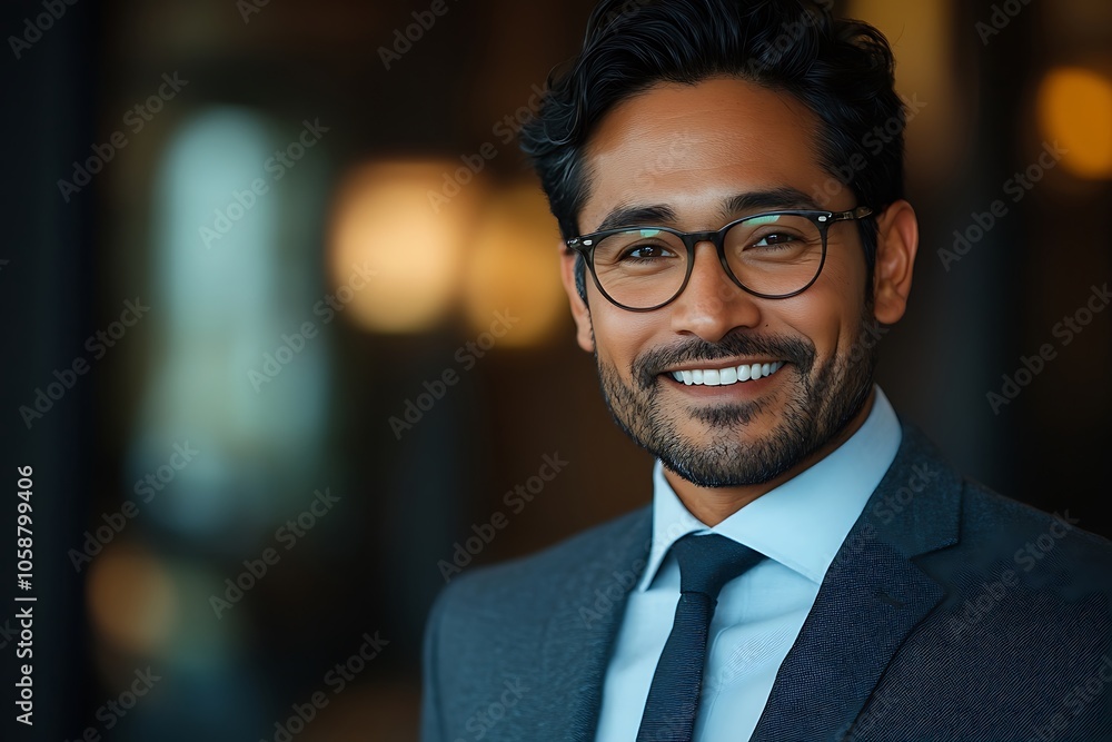Smiling Businessman in Blue Suit and Glasses Smiling Businessman in Blue Suit and Glasses