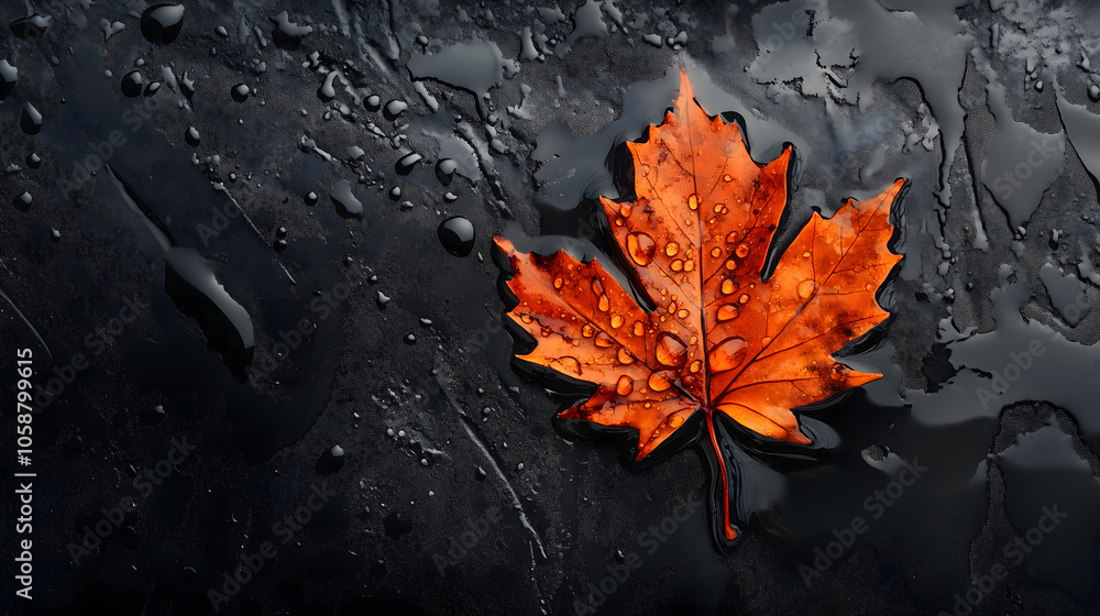 close-up of an orange maple leaf frozen in ice, with water droplets close-up of an orange maple leaf frozen in ice, with water droplets