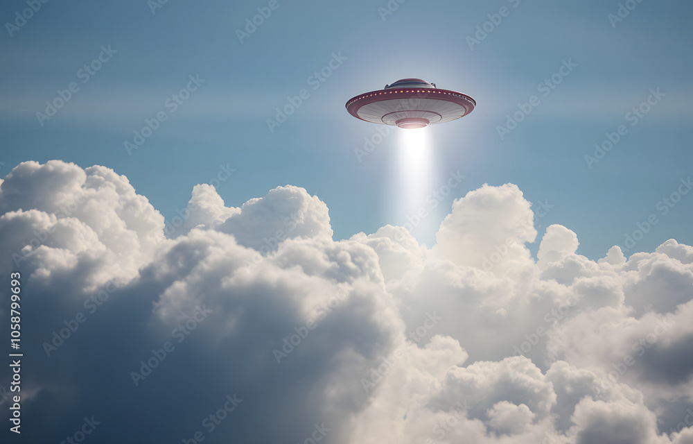 Flying saucer. A spaceship of aliens among the clouds in the sky ...