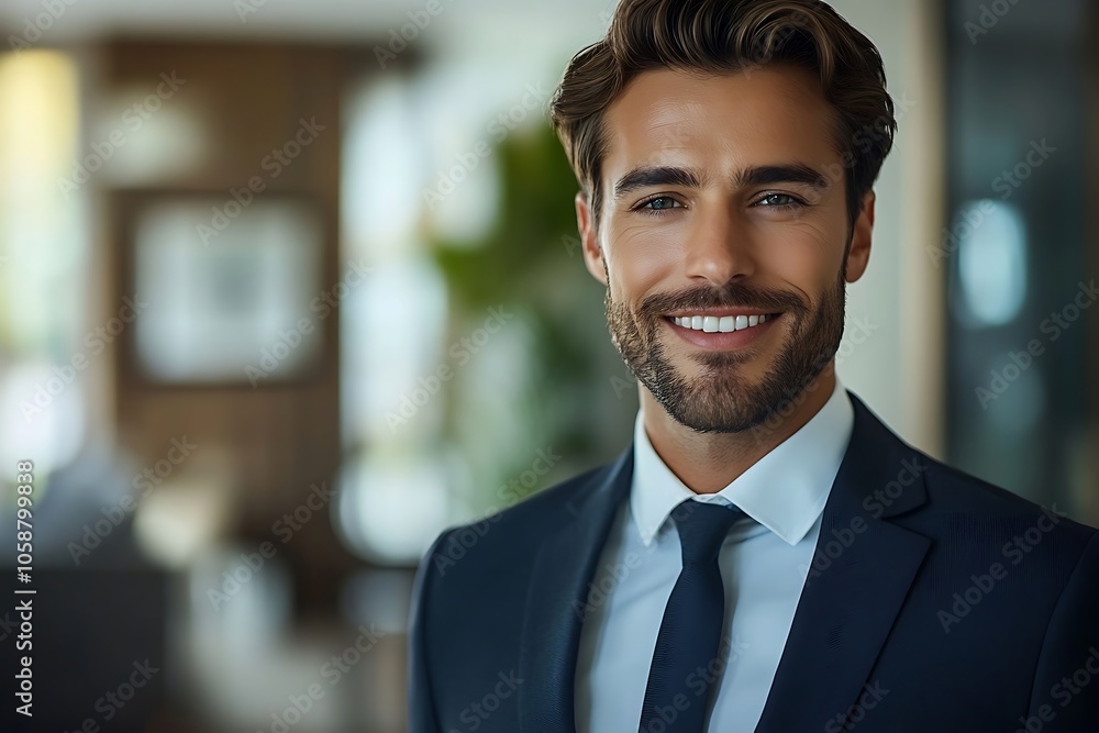 Smiling Businessman in Blue Suit and White Shirt - Office Portrait Smiling Businessman in Blue Suit and White Shirt - Office Portrait