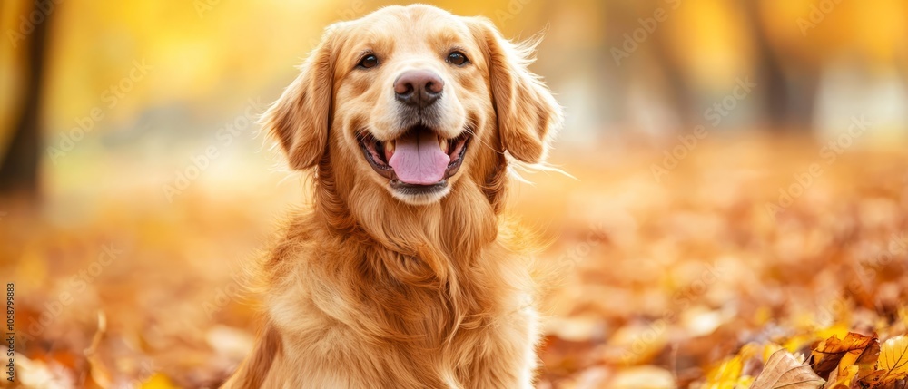 A tight shot of a dog in a sea of leaves, its mouth agape and tongue extended A tight shot of a dog in a sea of leaves, its mouth agape and tongue extended