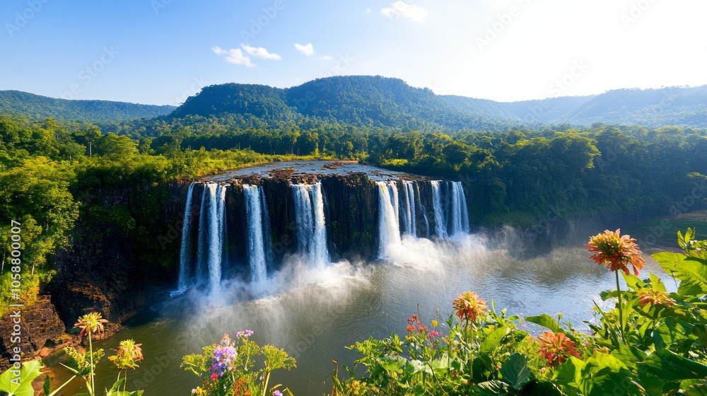 Fototapeta premium Majestic Waterfall Cascading Over Rocks into a Serene Pool Surrounded by Lush Greenery and Nature