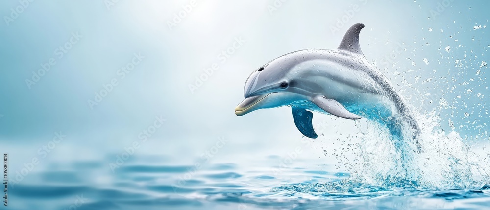 Obraz premium A dolphin leaps from the water, its mouth open and head above the surface