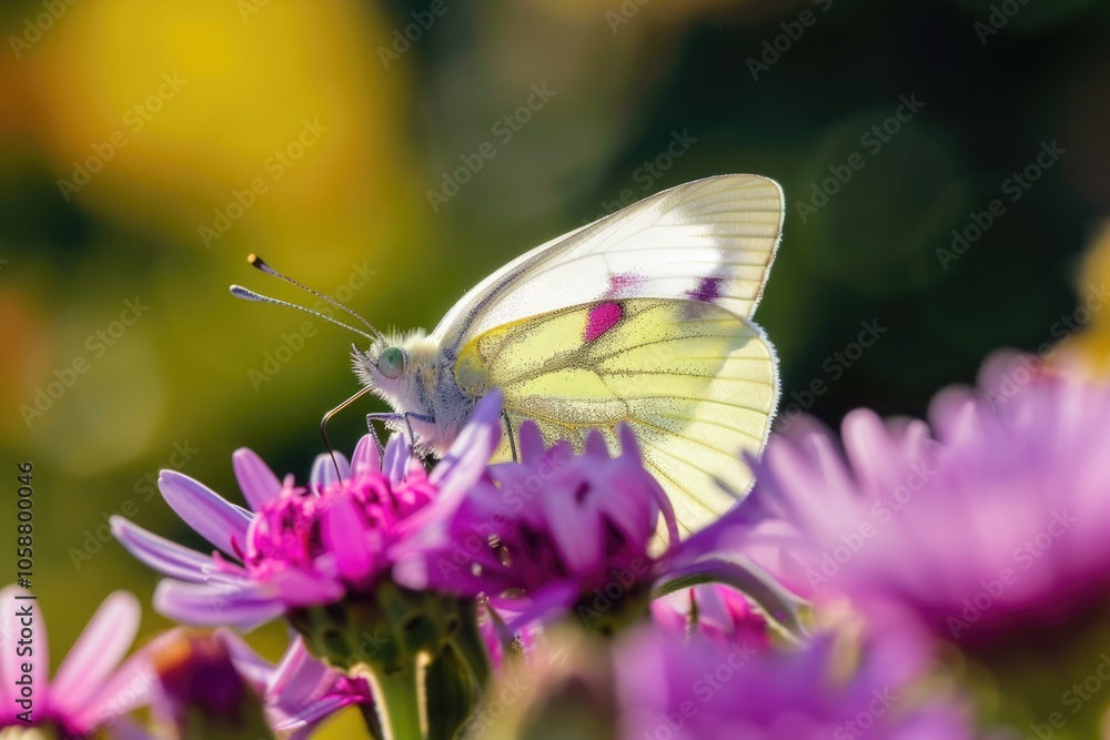 A small white butterfly perches on the petals of a vibrant purple flower A small white butterfly perches on the petals of a vibrant purple flower
