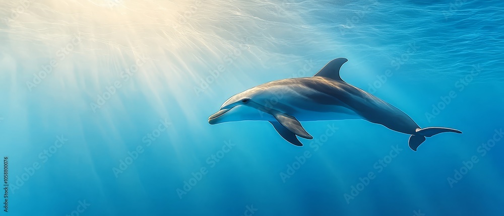 Obraz premium A dolphin swims in the ocean, sunlight glinting on its dorsal fin and back, as its head breaks the surface