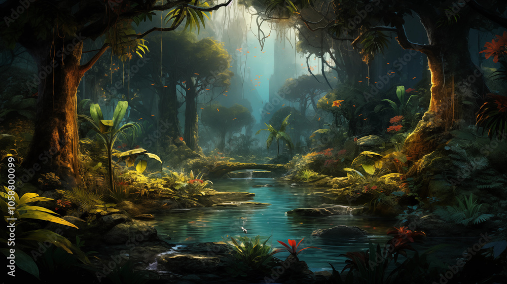 lush jungle landscape in morning light lush jungle landscape in morning light