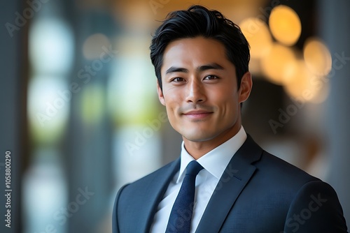 Smiling Businessman in Blue Suit and White Shirt with Blurry Background