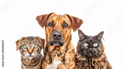 Portrait of two cute dogs and a cat isolated against a white background.