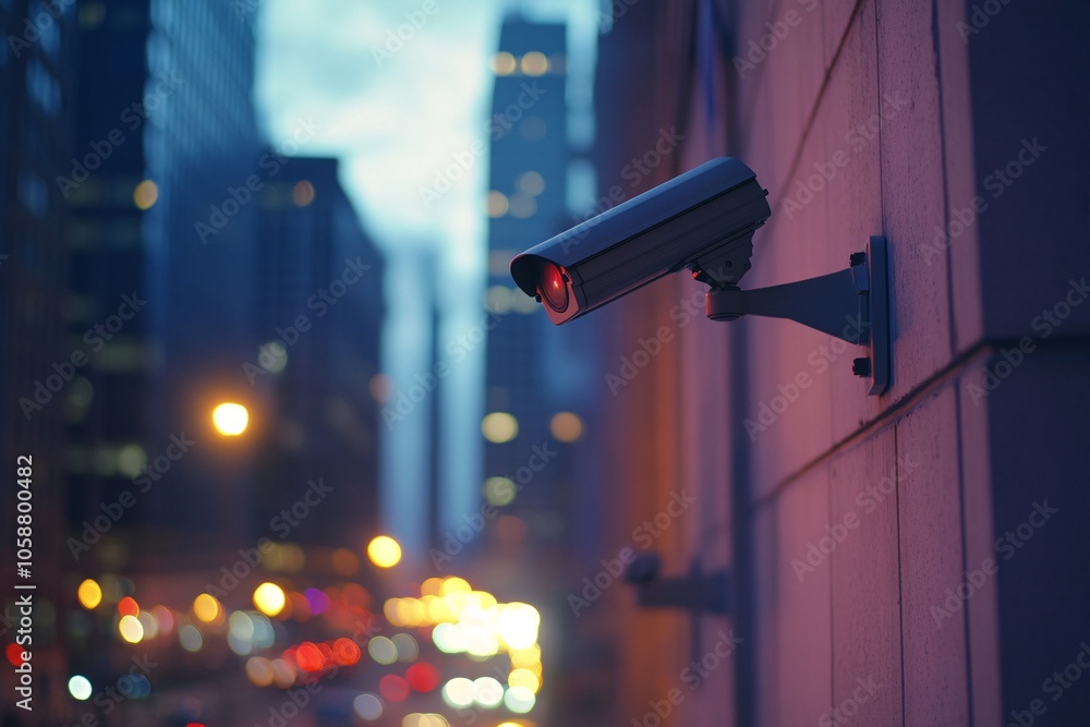 Security camera monitors busy urban street at dusk, capturing city life and traffic movement in a vibrant environment Security camera monitors busy urban street at dusk, capturing city life and traffic movement in a vibrant environment