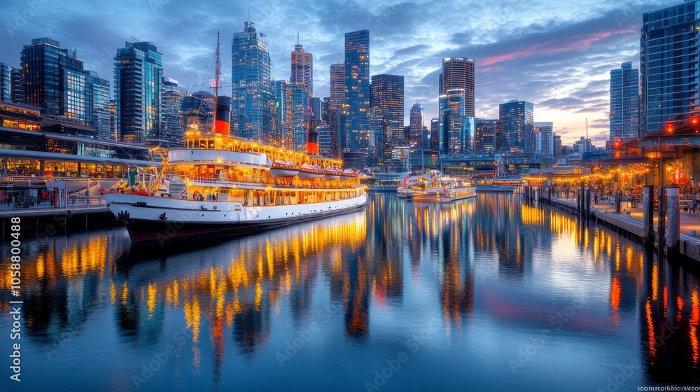 Fototapeta premium Serene Twilight Scene with Shimmering Reflections in Calm Waters and Colorful Sky at Dusk