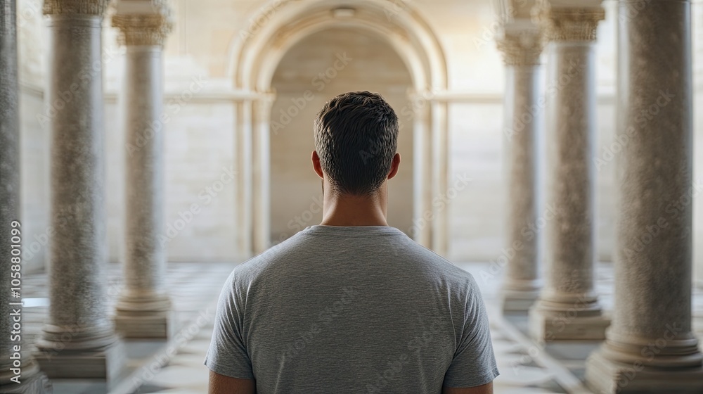 Man in gray t-shirt viewed from the back stands in a monumental hallway, framed by a large column, creating a striking composition with ample copy space. Man in gray t-shirt viewed from the back stands in a monumental hallway, framed by a large column, creating a striking composition with ample copy space.
