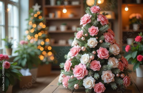 Close up of Christmas tree decorated with white and pink flowers, flower shop and lights in the background photo