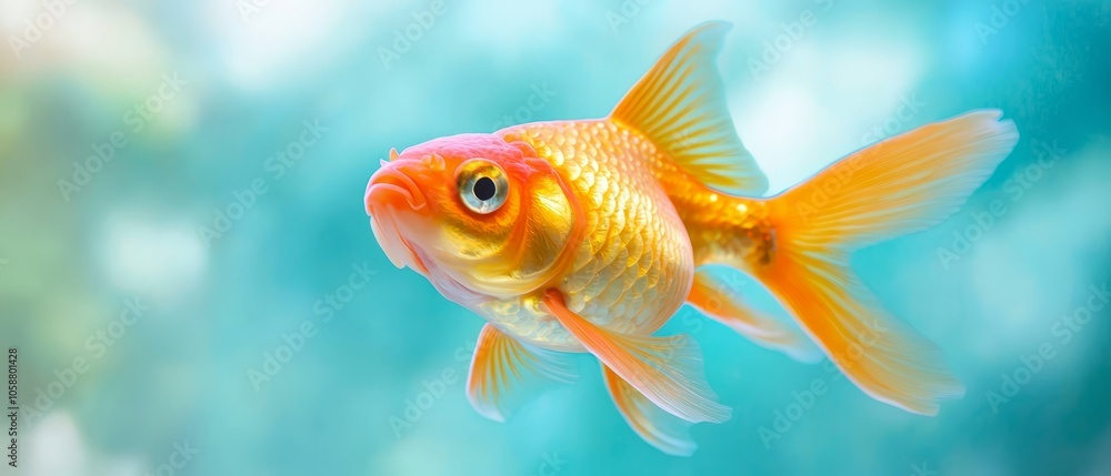 A goldfish in focus against a blue aquarium background, with a softly blurred, sky-blue sky in the distance A goldfish in focus against a blue aquarium background, with a softly blurred, sky-blue sky in the distance