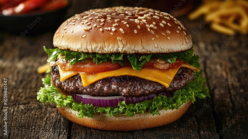 Closeup of a fresh burger layered with crisp lettuce and creamy cheese, set against a rustic background. This fresh burger captures the essence of fast food indulgence, with ample copy space. Closeup of a fresh burger layered with crisp lettuce and creamy cheese, set against a rustic background. This fresh burger captures the essence of fast food indulgence, with ample copy space.