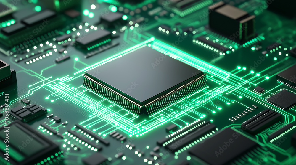 A close-up view of a green printed circuit board with a prominent central chip, surrounded by various electronic components, symbolizing advanced technology and innovation. A close-up view of a green printed circuit board with a prominent central chip, surrounded by various electronic components, symbolizing advanced technology and innovation.