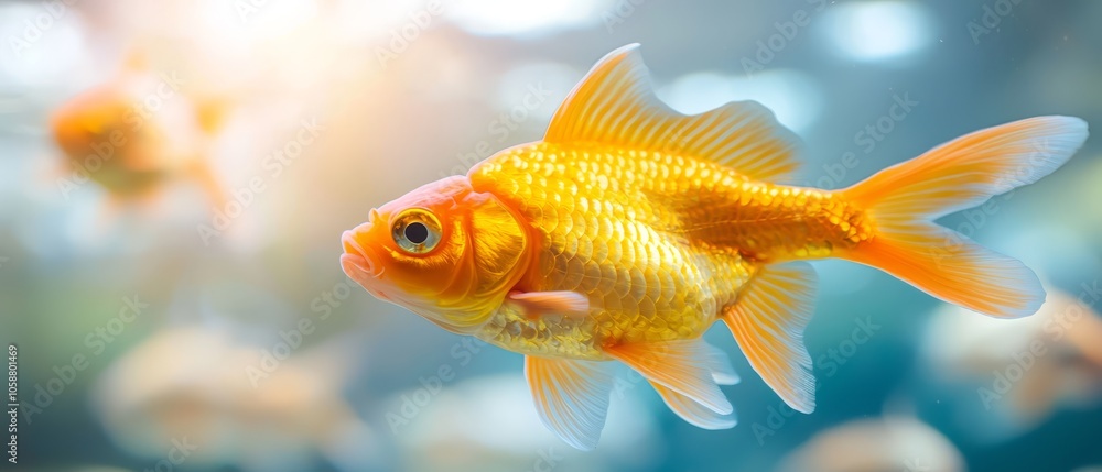 A goldfish up-close in an aquarium, surrounded by fellow goldfish and sunlight filtering through the water A goldfish up-close in an aquarium, surrounded by fellow goldfish and sunlight filtering through the water