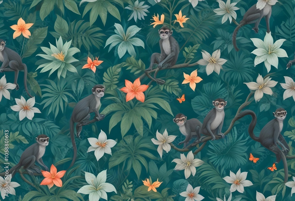 Tropical exotic pattern with animal and flowers in bright colors and lush vegetationn Tropical exotic pattern with animal and flowers in bright colors and lush vegetationn
