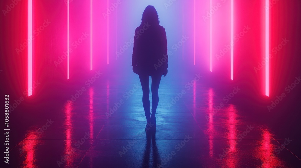 A woman stands in a dark hallway illuminated by neon lights, creating a moody and mysterious atmosphere. A woman stands in a dark hallway illuminated by neon lights, creating a moody and mysterious atmosphere.