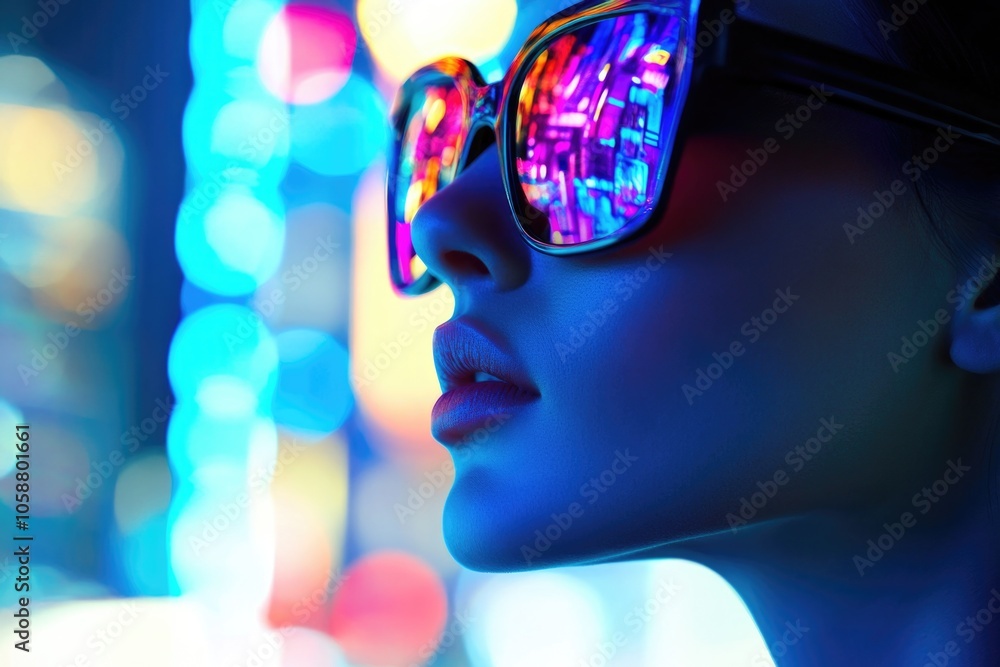 A woman wearing sunglasses walking down the street at night, great for use in urban lifestyle or fashion scenes A woman wearing sunglasses walking down the street at night, great for use in urban lifestyle or fashion scenes