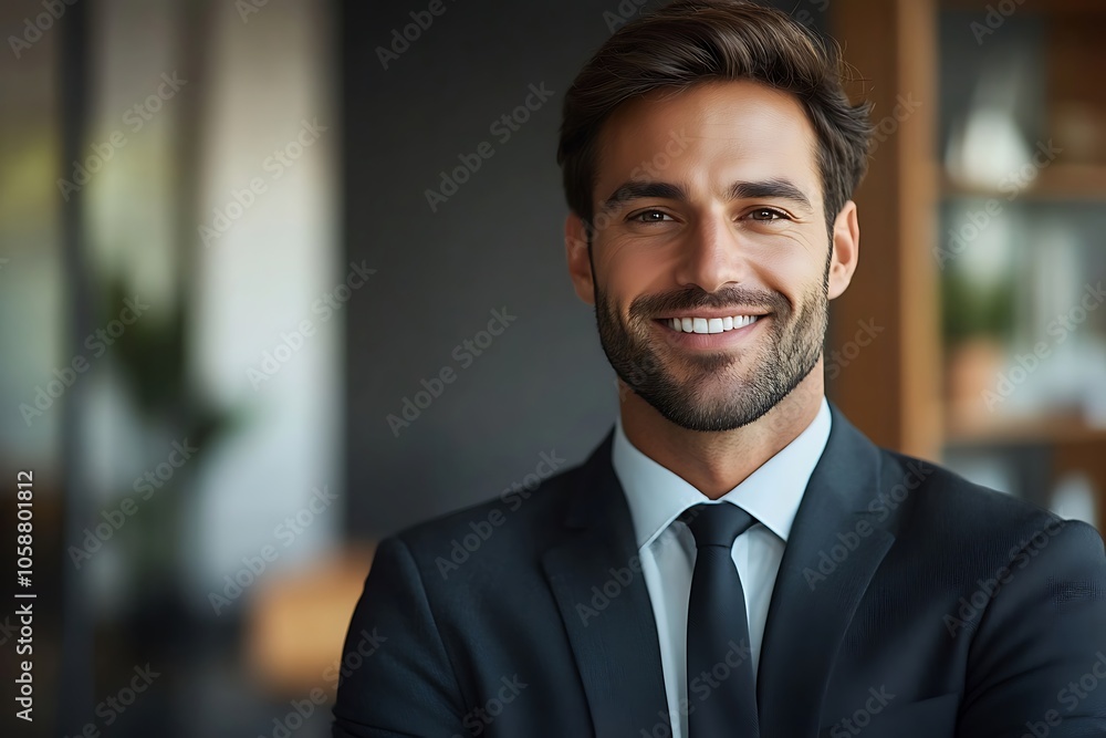 Smiling Businessman in Blue Suit with Black Tie - Office Portrait Smiling Businessman in Blue Suit with Black Tie - Office Portrait