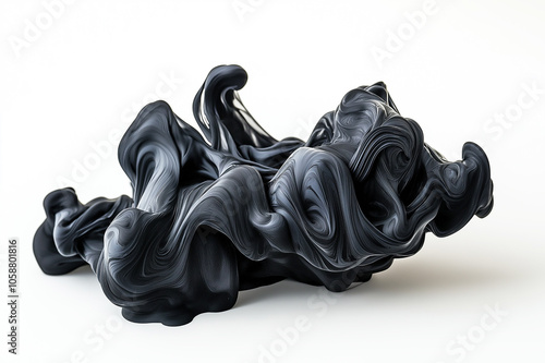 Abstract black liquid sculpture with fluid, twisted shapes on a white background. The artwork captures the essence of fluidity and movement in a minimalist style. photo