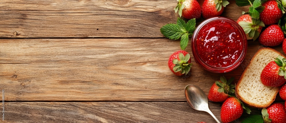From above, a jar of strawberry jam sits central, encircled by slices of bread and ripe strawberries atop a weathered wooden table From above, a jar of strawberry jam sits central, encircled by slices of bread and ripe strawberries atop a weathered wooden table