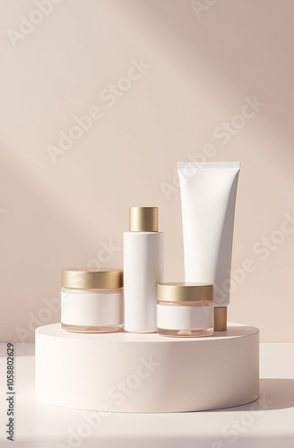 Set of jars and tubes for cosmetics without labels, podium, mockup. Light background, shadows.