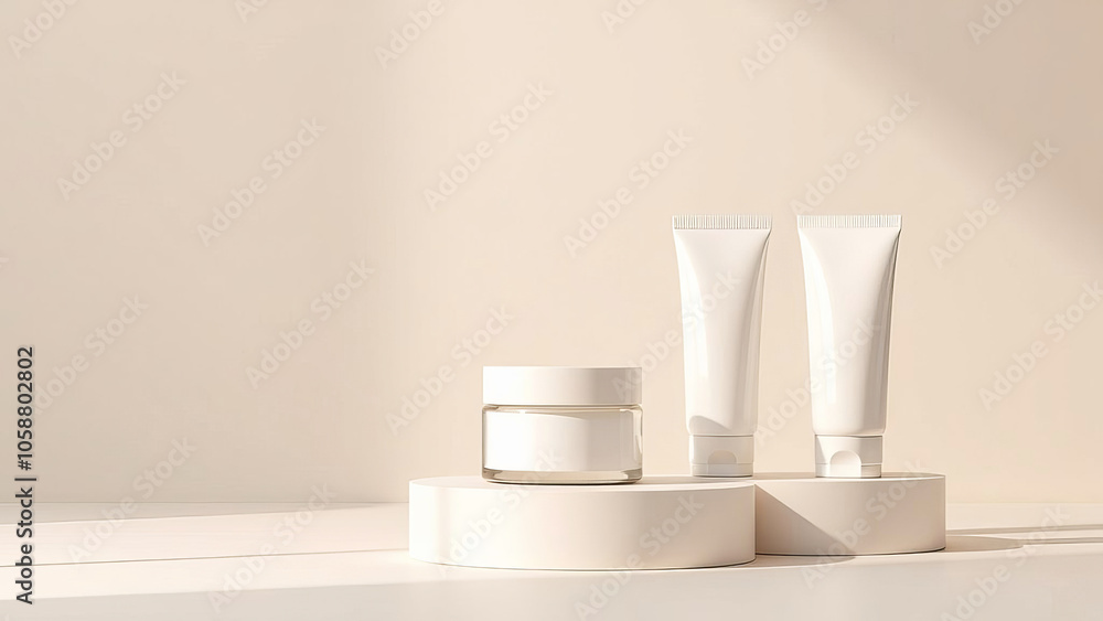 Set of jars and tubes for cosmetics without labels, podium, mockup. Light background, shadows. Set of jars and tubes for cosmetics without labels, podium, mockup. Light background, shadows.