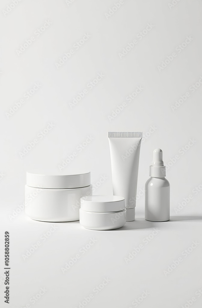 Set of jars and tubes for cosmetics without labels, podium, mockup. Light background, shadows.