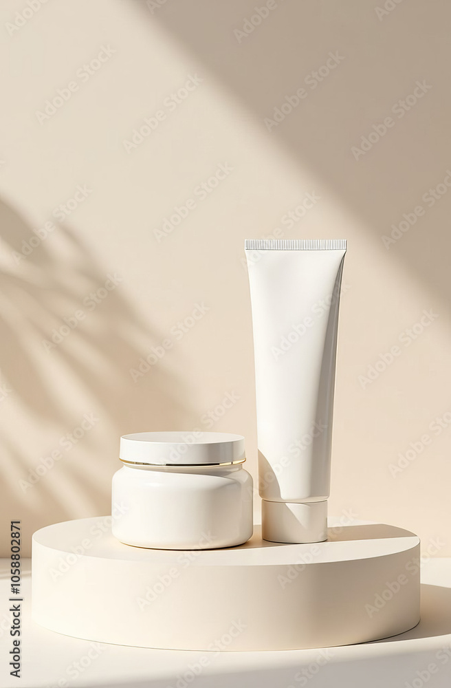 Set of jars and tubes for cosmetics without labels, podium, mockup. Light background, shadows. Set of jars and tubes for cosmetics without labels, podium, mockup. Light background, shadows.