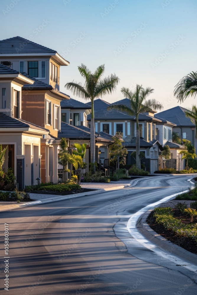 A residential street lined with houses and palm trees, perfect for use in real estate or travel images A residential street lined with houses and palm trees, perfect for use in real estate or travel images