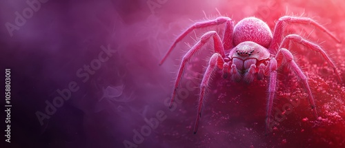  A tight shot of a pink spider against a fiery red backdrop, emitting smoke from its back legs photo