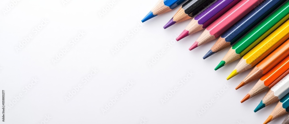 A row of colored pencils stacked on a white surface, allowing room for text inscription A row of colored pencils stacked on a white surface, allowing room for text inscription