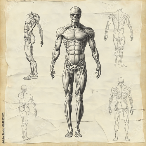 Anatomical sketches of the human muscular system, displayed in detailed vintage-style drawings on parchment. Scientific, educational, and artistic portrayal of the human form.