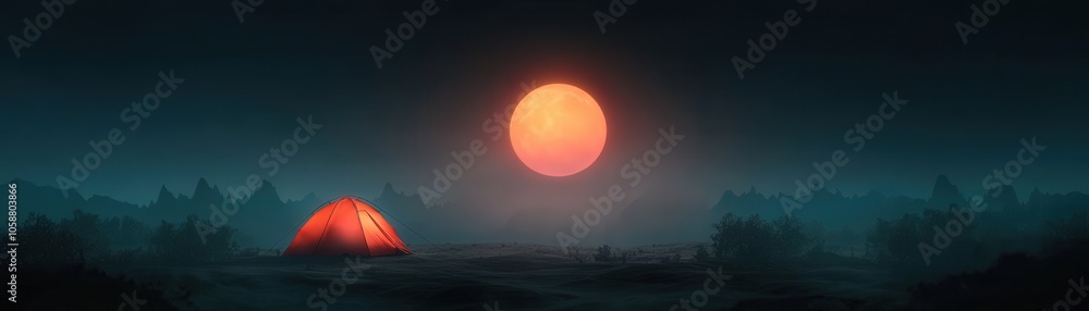 Camping Under a Giant Red Moon in Mountains Landscape Camping Under a Giant Red Moon in Mountains Landscape