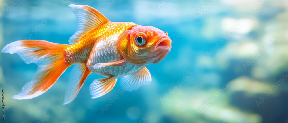 Fototapeta premium A goldfish, its golden scales gleaming, positioned near blue aquarium water Sunlight filters through, illuminating the fish's eyes