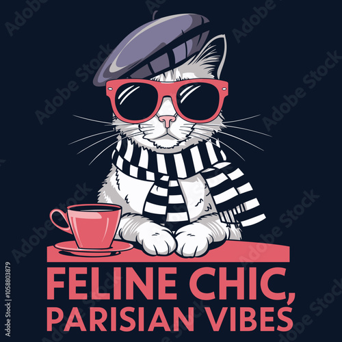 T-Shirt Design of a Cool Cat in Beret and Sunglasses with Parisian Style and Coffee