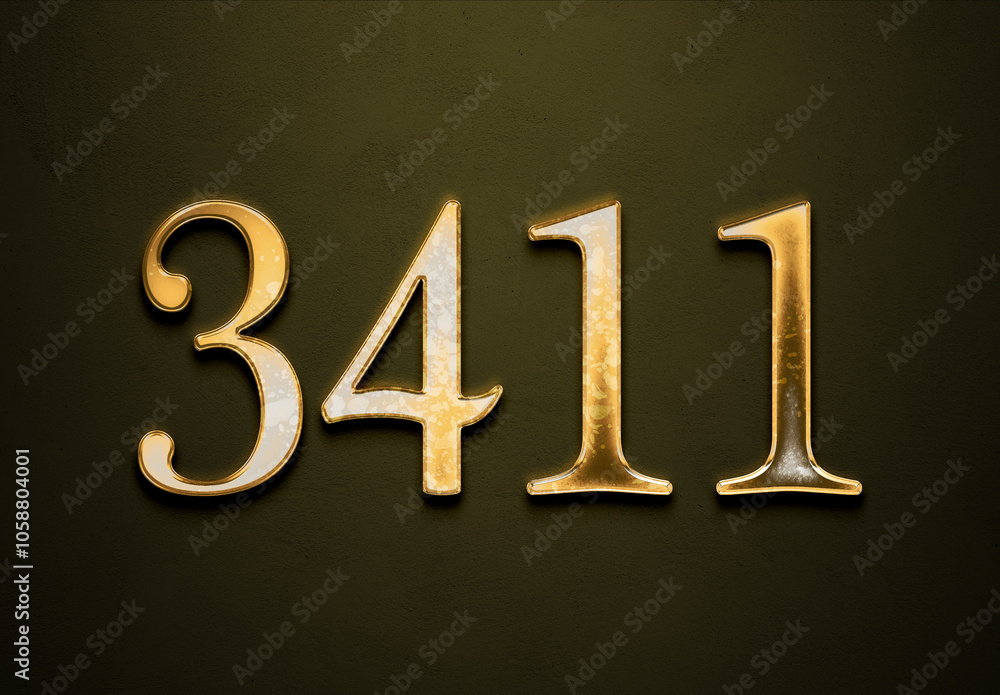 Old gold effect of 3411 number with 3D glossy style Mockup. Old gold effect of 3411 number with 3D glossy style Mockup.