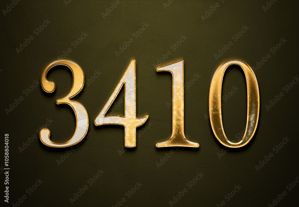 Old gold effect of 3410 number with 3D glossy style Mockup. Old gold effect of 3410 number with 3D glossy style Mockup.
