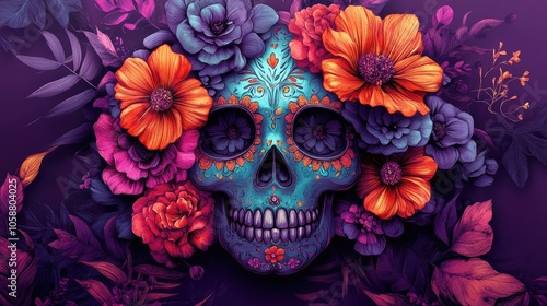 A beautifully decorated sugar skull with bright floral designs against a dark purple background, perfect for festive advertising, Day of the Dead celebrations, and cultural events