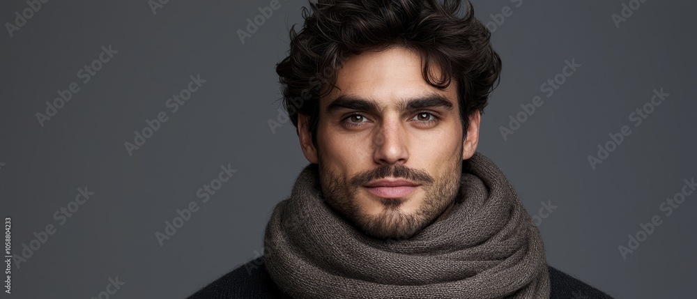 A man in a scarf, gazing seriously at the camera in a close-up shot A man in a scarf, gazing seriously at the camera in a close-up shot